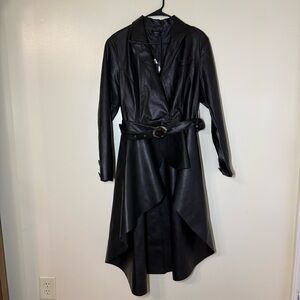 For Her Black High Low Faux Leather Belted Trench Coat